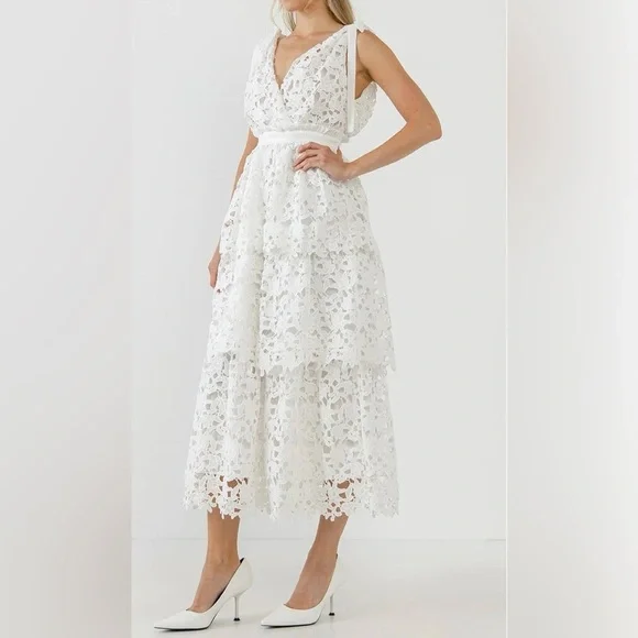 Endless Rose White Lace Midi Tiered Dress Size Large L NWOT Revolve - Picture 2 of 9